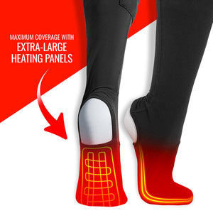 Black stirrup leggings showing red heating panel graphic on the soles of the feet