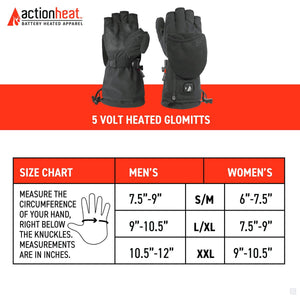 ActionHeat 5 volt heated glomitts size chart showing hand measurement instructions for men and women