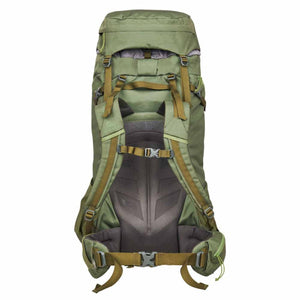 Back view of olive green Kelty hiking backpack with adjustable shoulder straps and padded hip belt