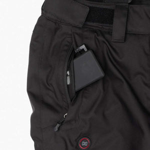 Black heated ski pants with a battery pack in the zippered pocket and a power button on the front