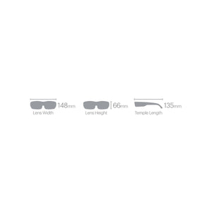 Sunglasses measurement diagram showing lens width 148mm lens height 66mm and temple length 135mm
