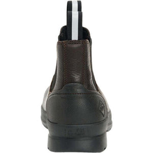 Back view of brown leather Muck Boot Chelsea boot with black rubber heel and pull tab