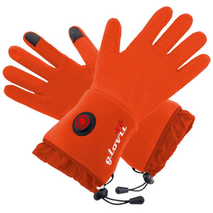 Pair of orange Glovii heated gloves with power button and drawstring cuffs