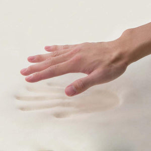 Hand pressing into white memory foam mattress topper