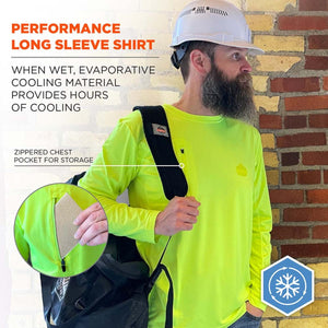 Worker wearing high visibility long sleeve cooling shirt with zippered chest pocket