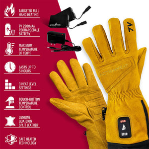 ActionHeat yellow leather heated gloves with battery and charger features list