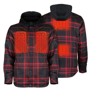 Mobile Warming red and black plaid hooded heated jacket showing internal heating elements
