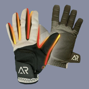 AR branded heated gloves with power button and glowing orange heating elements
