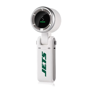 White handheld Jets portable fan with digital display showing speed and battery level