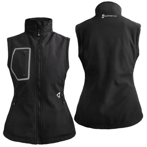 Front and back view of a black Gerbing heated vest with a high collar and zippered pockets