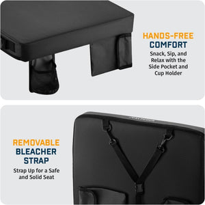 Alpcour bleacher seat showing side pocket cup holder and removable safety strap