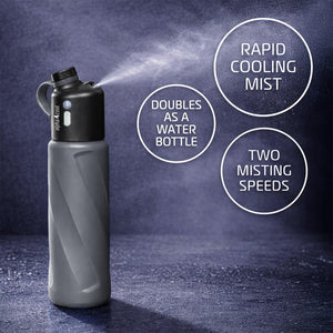 Alpha Cool water bottle with misting feature showing rapid cooling mist and two misting speeds