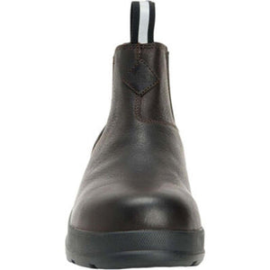 Brown Muck leather Chelsea boot with black rubber sole and pull tab