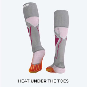 Grey and pink knee high socks with orange heat zones under the toes
