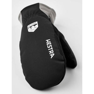 Black Hestra mitten with white logo and grey cuff