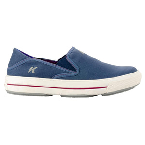 Korkers blue canvas slip on shoe with white rubber sole and red accent stripe