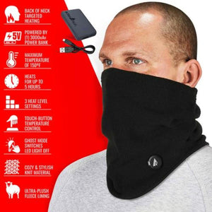 ActionHeat heated neck gaiter with power bank and feature list