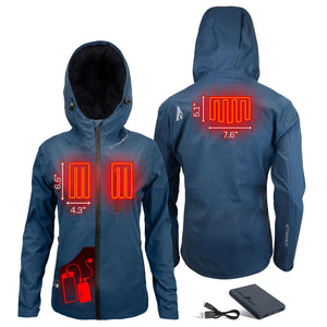ActionHeat blue hooded jacket showing internal heating element locations and battery pack