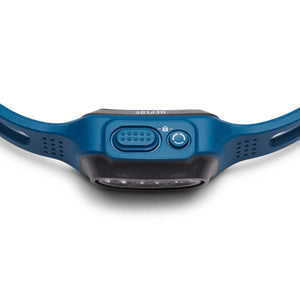 Black Diamond Deploy headlamp showing the charging port and lock button on the blue housing