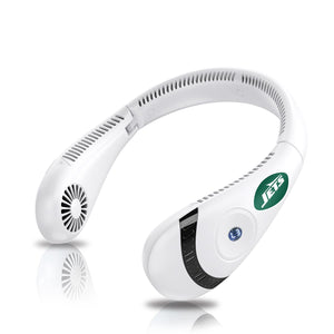 White wearable neck fan with New York Jets logo