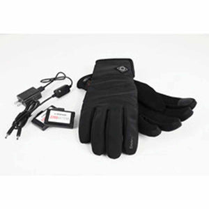Black heated gloves with two rechargeable batteries and a wall charger