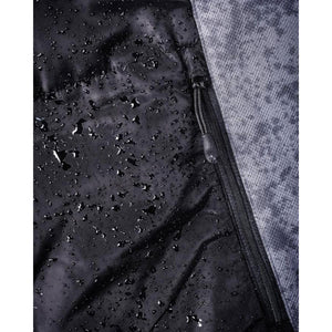 Water droplets on black quilted fabric next to grey textured material on a Heat Experience garment