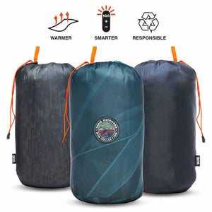 Three Ignik stuff sacks with Warmer Smarter Responsible icons