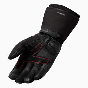 REV IT black leather motorcycle glove with red stitching and extended cuff