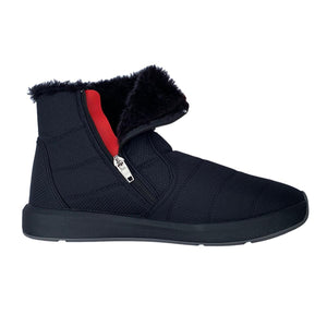 Black quilted ankle boot with side zipper and faux fur lining