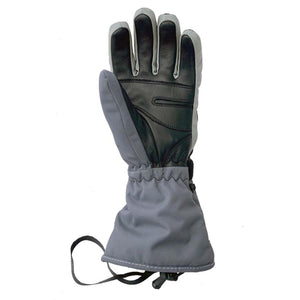 Grey and black winter glove with leather palm and adjustable wrist strap