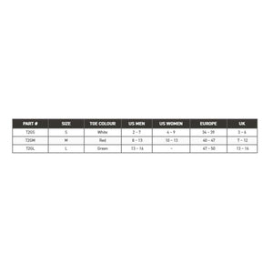 Impacto size chart showing part number, size, toe colour, and US, Europe, and UK shoe size conversions