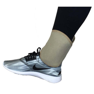 Polar Products beige ankle wrap worn over a black sock with a grey sneaker