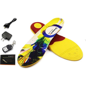 Dr Warm remote heated insoles with charging cable, power adapter, remote control, and user manual