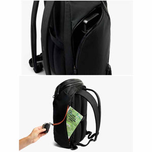 Black backpack showing side pocket with water bottle and key leash with map