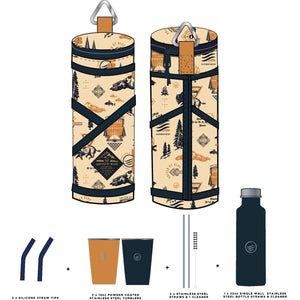 United by Blue bottle set with patterned carrying case two tumblers two straws and a stainless steel water bottle