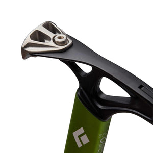 Black Diamond ice axe head detail showing the pick and metal attachment