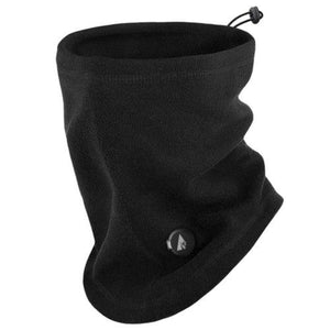 Black fleece neck gaiter with adjustable drawstring and logo patch