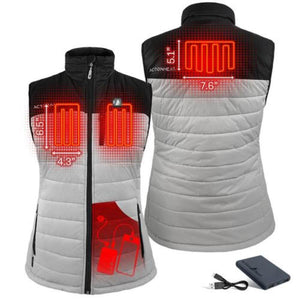 ActionHeat heated vest showing heating element placement and dimensions with included power bank
