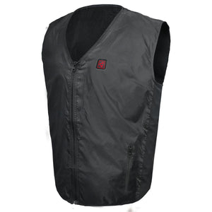 Black sleeveless heated vest with front zipper and power button