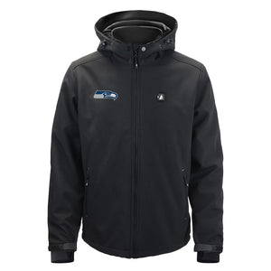 Black Seattle Seahawks softshell hooded jacket with front zipper and team logo