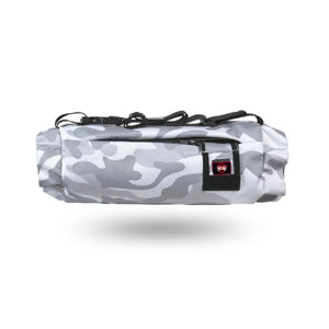 Grey camouflage patterned heated hand muff with Gobi Heat logo
