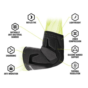 DonJoy elbow support features infographic showing reflective, bamboo, ergonomic, and compression technology