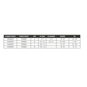 Size chart for SLKGRIP and STRIDE products comparing US men US women European and UK shoe sizes