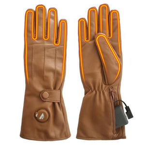 ActionHeat tan leather heated gloves with visible heating elements and battery pack