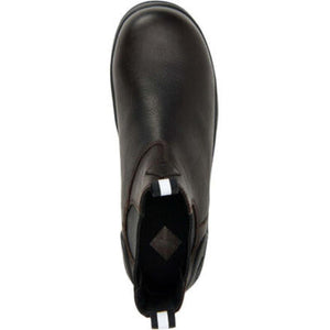 Top view of a brown Muck leather slip on boot
