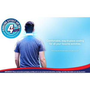 Person wearing a cooling neck wrap with a graphic indicating a four hour cooling effect