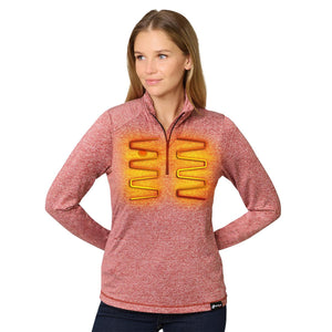 Woman wearing a red Venture Heat quarter zip pullover with glowing orange heating elements on the chest