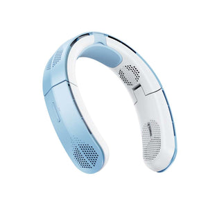 Torras blue and white wearable neck fan with ventilation grilles