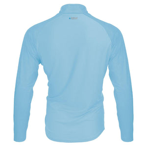Back view of a light blue long sleeve quarter zip athletic shirt
