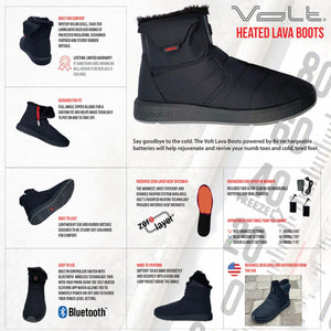 Volt heated lava boots product features infographic showing battery life and heating technology